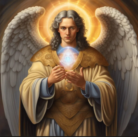 Archangel Metatron in golden robes and halo, holding the glowing sacred geometric form of the Merkabah and cube of light within his hands