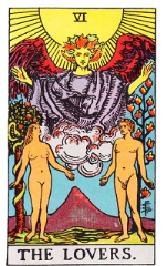 The Lovers tarot card (Rider-Waite-Smith) depicting a man and woman standing naked beneath a winged angel emerging from clouds under a radiant sun, with the Tree of Life and Tree of Knowledge behind them