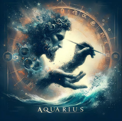 Celestial illustration of Aquarius the water-bearer pouring cosmic waters into the sea