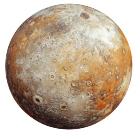 Vibrational illustration of Pluto, depicted as a heavily cratered, variegated planetary sphere in ochre, bronze, and stone tones