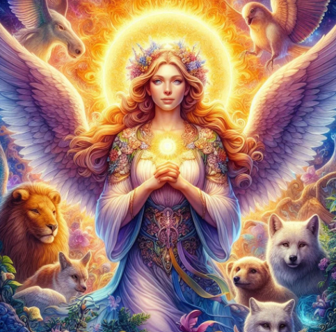 Archangel Ariel with large feathered wings and a floral crown, hands clasped over a radiant solar light, surrounded by animal companions including a lion, wolves, bear, and eagle