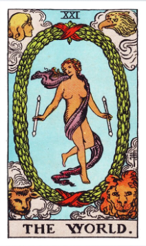 The World tarot card (Rider-Waite-Smith) depicting a dancing maiden draped in a purple cloth holding two white wands within a green laurel wreath tied with red ribbons, framed by the four living creatures of the fixed signs
