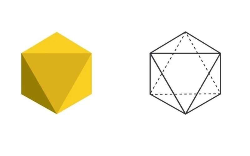 Octahedron sacred geometry diagram showing 3D shaded yellow form and isometric wireframe structure