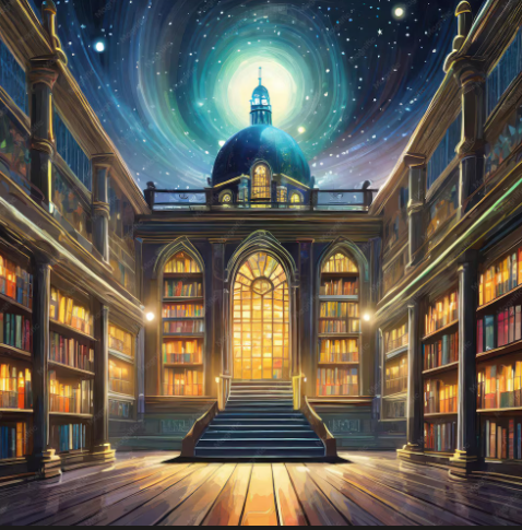 Luminous celestial library representing the Akashic Records with grand bookshelves and an illuminated dome beneath the cosmic stars