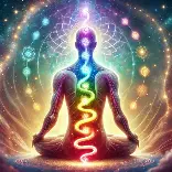 Meditating figure in lotus posture showing the ascending serpent energy awakening along the spine through the seven illuminated chakras against a luminous cosmic backdrop