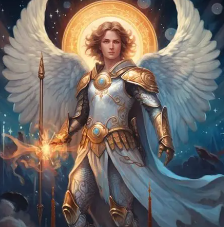 Archangel Raguel in ornate gold and white armour with majestic white wings, a glowing golden halo, and wielding a spear of golden light