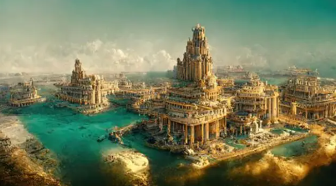 Magnificent ancient island city of Atlantis with monumental classical architecture rising above turquoise waters and concentric canals