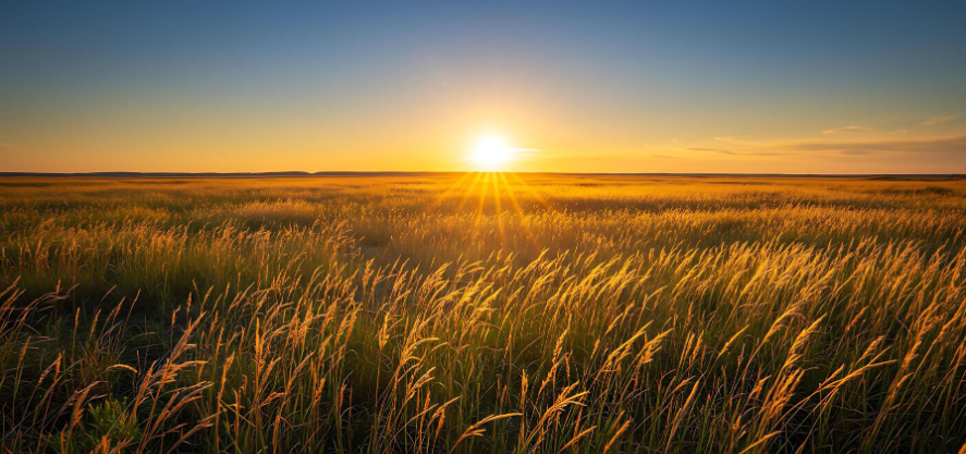 Golden sunrise breaking over an open expanse of sunlit prairie grasses, radiating warmth across the horizon