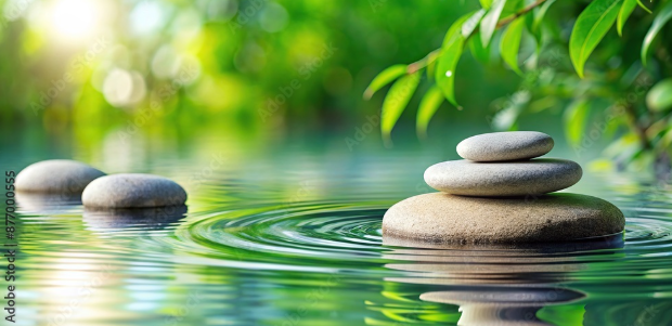 Stacked meditation stones creating gentle concentric ripples across calm water with lush green foliage