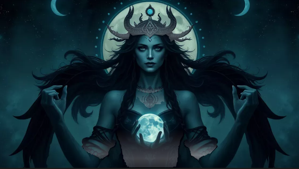Black Moon Lilith esoteric artwork depicting a crowned lunar goddess holding a luminous moon
