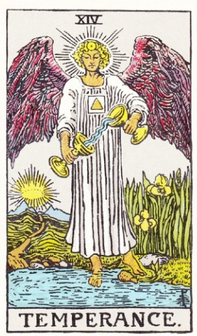 Temperance tarot card (Rider-Waite-Smith) depicting a winged angel in white vestments with a solar crest on the forehead, pouring liquid between two golden chalices with one foot on earth and one in water beneath morning light