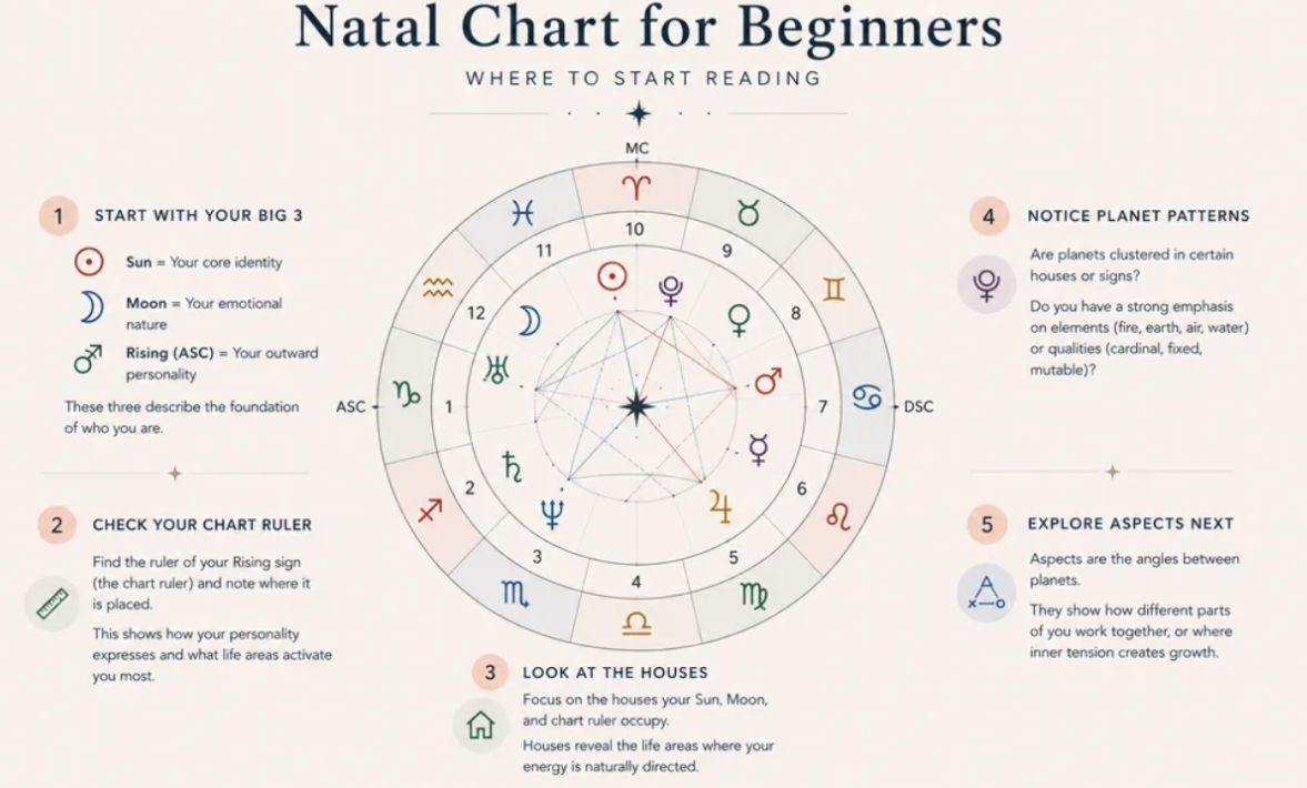 Natal Chart for Beginners: where to start reading diagram with steps from Big 3 through Chart Ruler, Houses, Planet Patterns, and Aspects