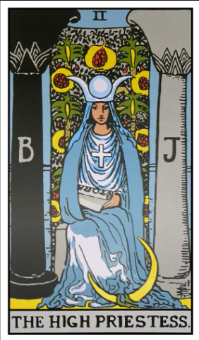 The High Priestess tarot card (Rider-Waite-Smith) seated between black and white pillars marked B and J, wearing a horned lunar crown and holding the Torah scroll with a crescent moon at her feet