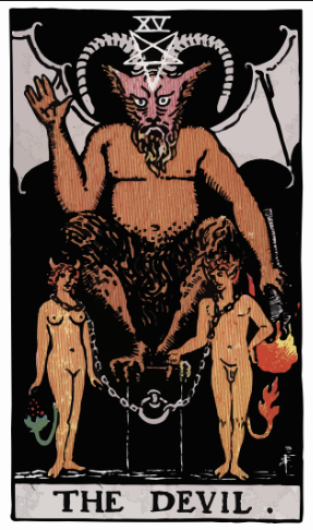 The Devil tarot card (Rider-Waite-Smith) depicting a horned, bat-winged beast perched on a black pedestal with an inverted pentagram between his horns, with chained male and female figures standing below