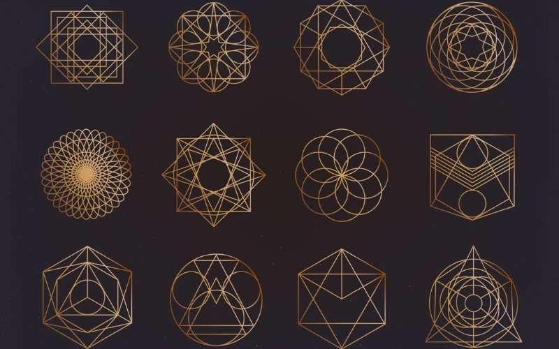 Grid of twelve golden geometric mandala patterns and sacred geometry line drawings on a dark background