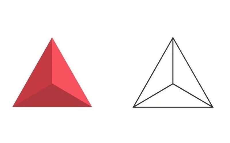Tetrahedron sacred geometry diagram showing 3D shaded red form and wireframe geometric structure