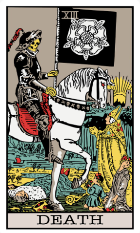 Death tarot card (Rider-Waite-Smith) showing an armoured skeleton riding a white horse carrying a black banner with the five-petalled mystic rose, standing before a fallen king, kneeling bishop, woman, and child under a golden sun between two towers