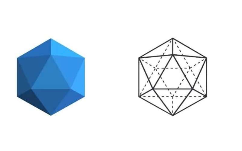 Icosahedron sacred geometry diagram showing 3D shaded blue form and isometric wireframe structure