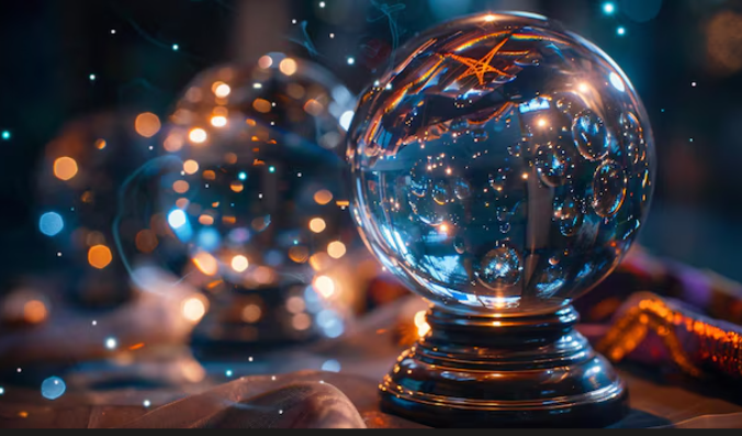 Luminous crystal scrying ball on an ornate stand reflecting soft bokeh lights and subtle sparkles