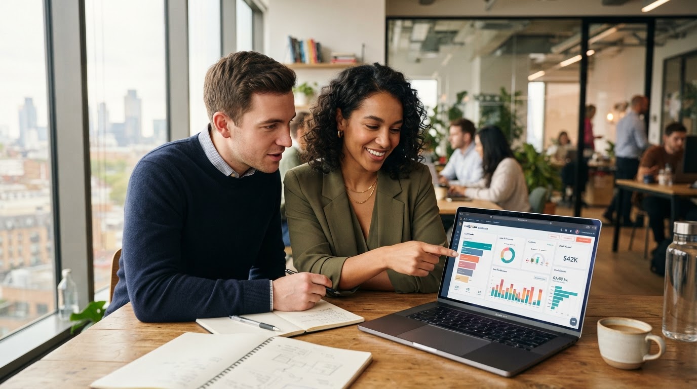Team reviewing a CRM dashboard together