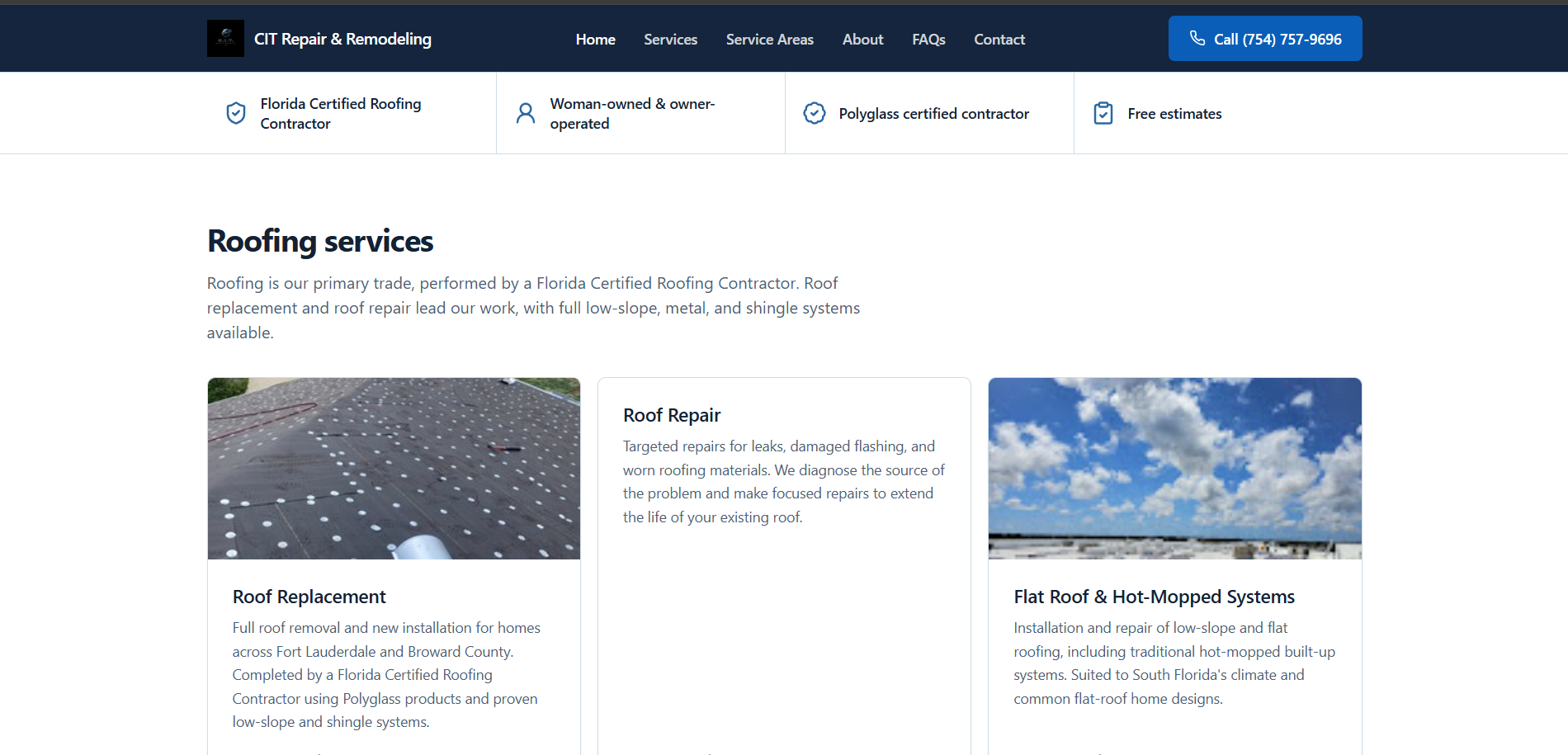 Website built for CIT Repair & Remodeling, a roofing contractor in Fort Lauderdale, FL