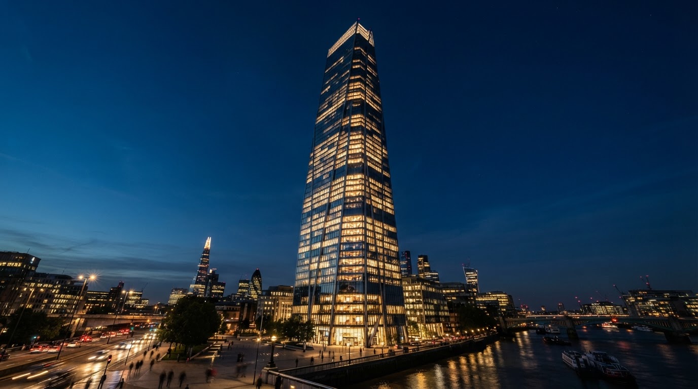 Modern skyscraper office building at dusk with gold illuminated windows