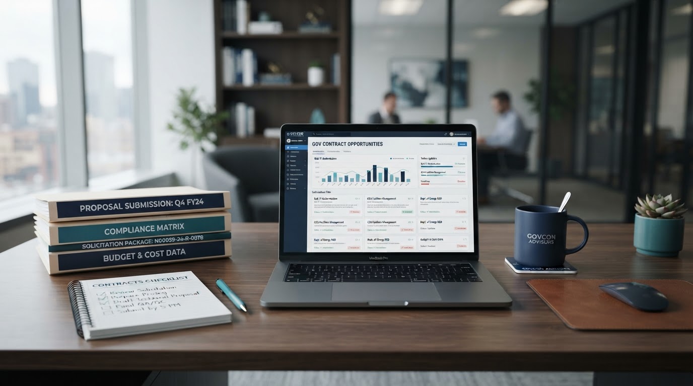Clean professional workspace with government contracting documents and a laptop showing a dashboard