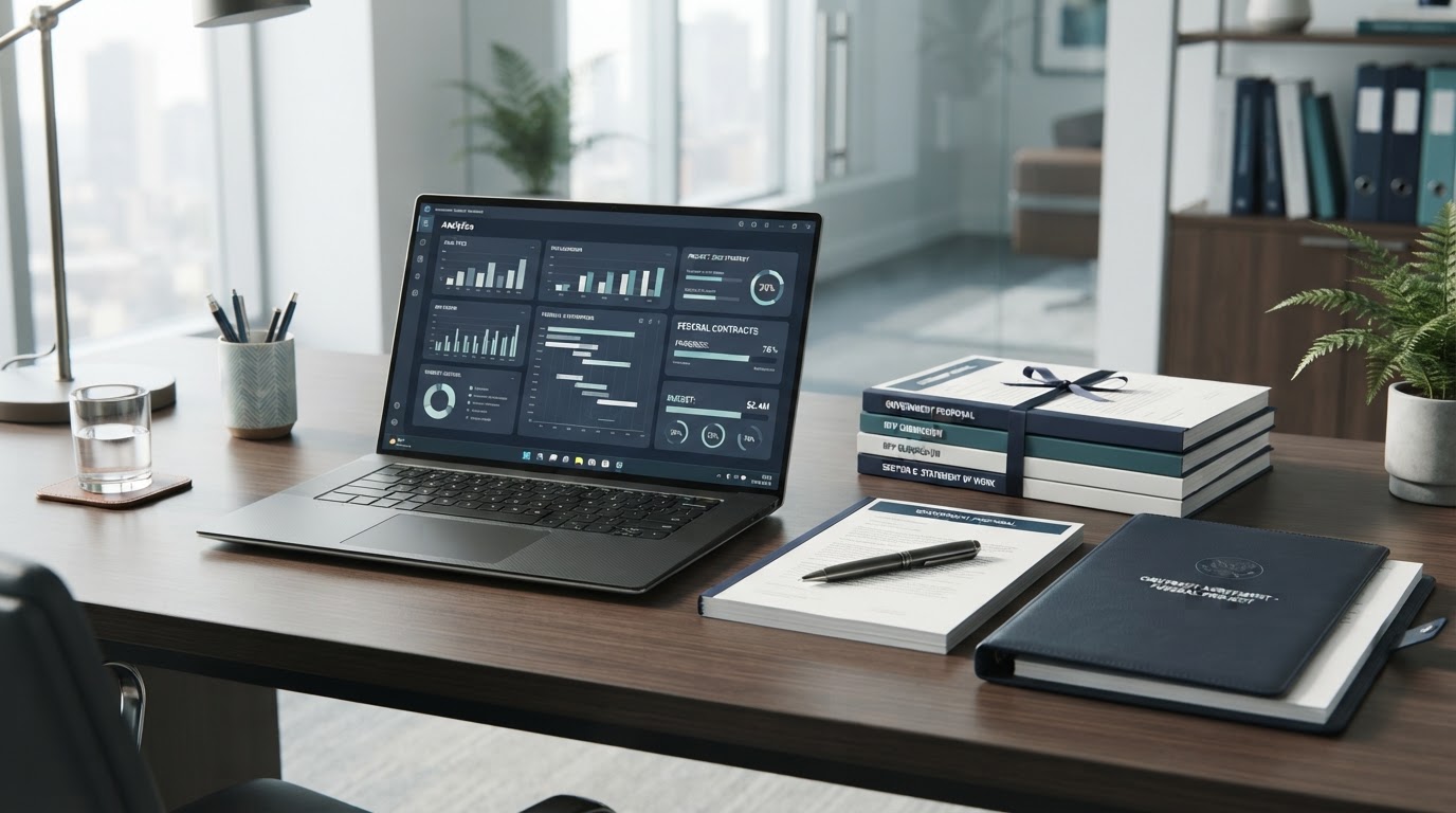 Government contracting workspace with proposal documents, laptop dashboard, and contract folder