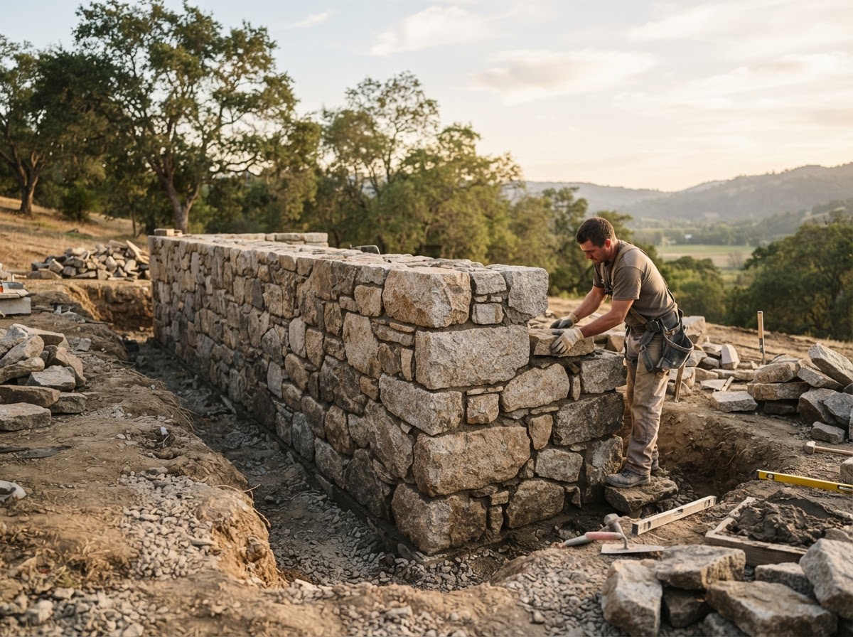 A solid stone foundation being built, symbolizing durable wealth