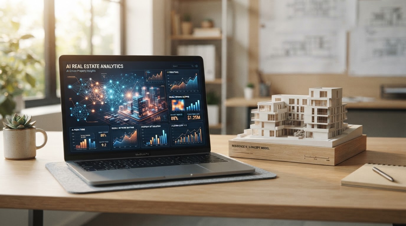 A laptop showing AI data patterns beside an architectural model