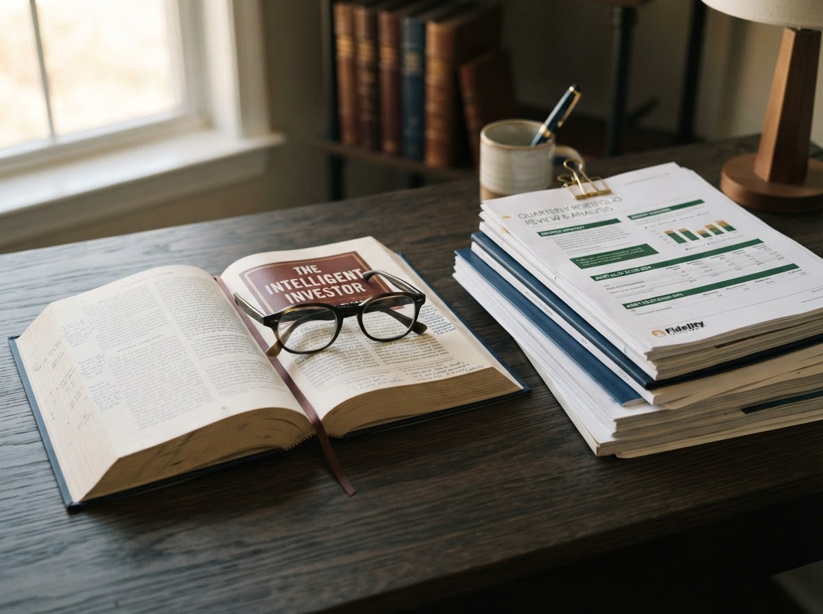 An open book and reading glasses beside investment documents, symbolizing education alongside capital