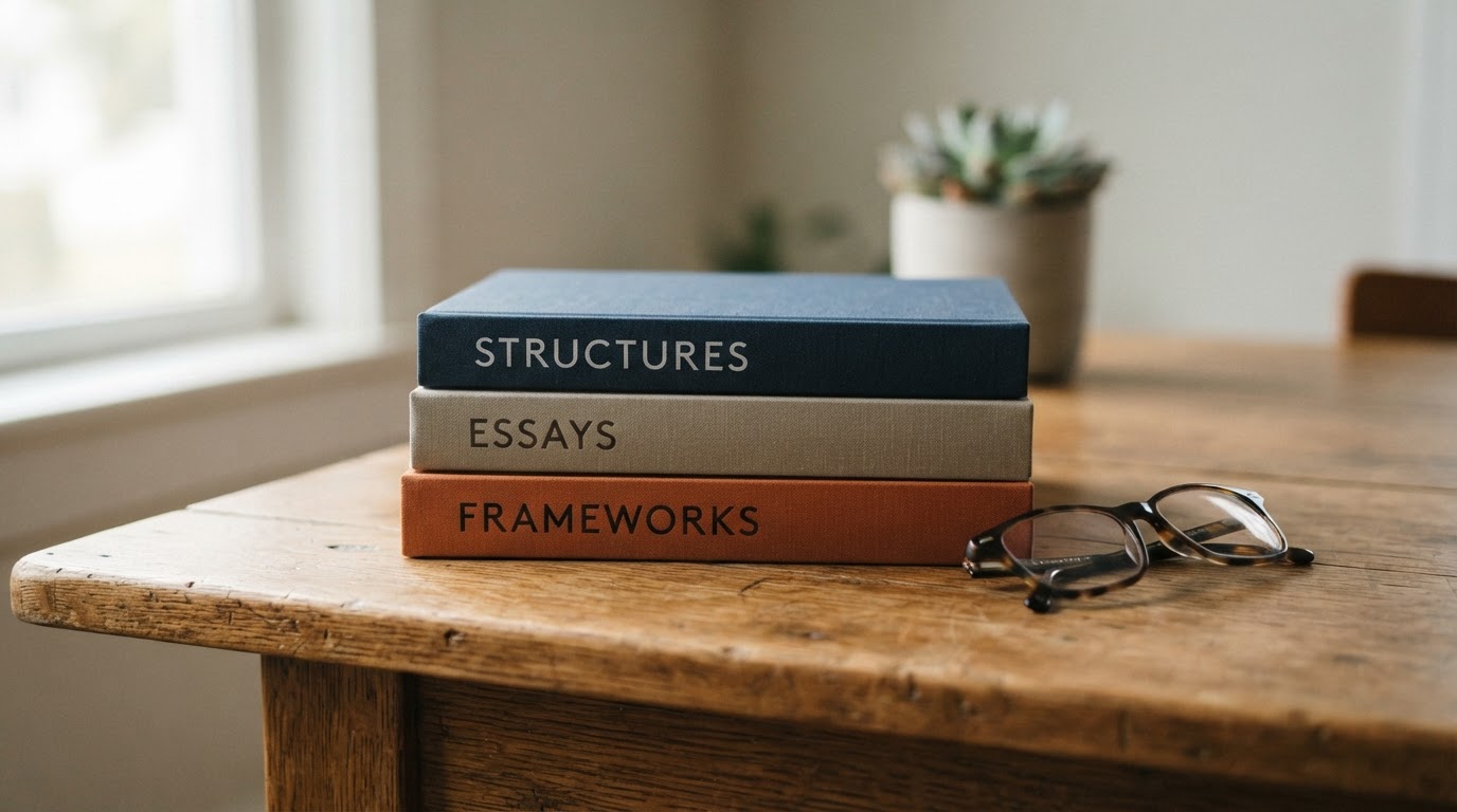 A stack of hardcover books with reading glasses on a wooden table
