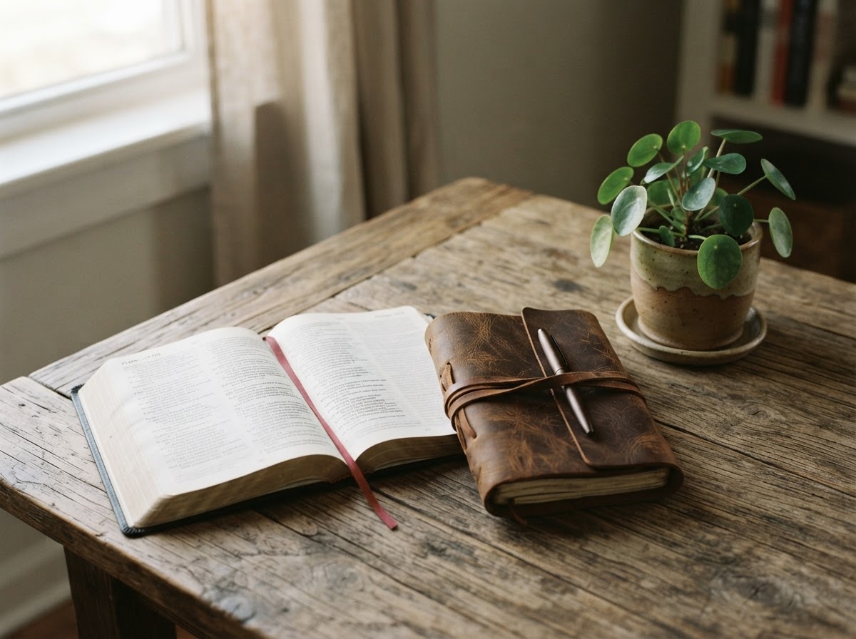 An open Bible and journal on a wooden table, symbolizing faith as a foundation