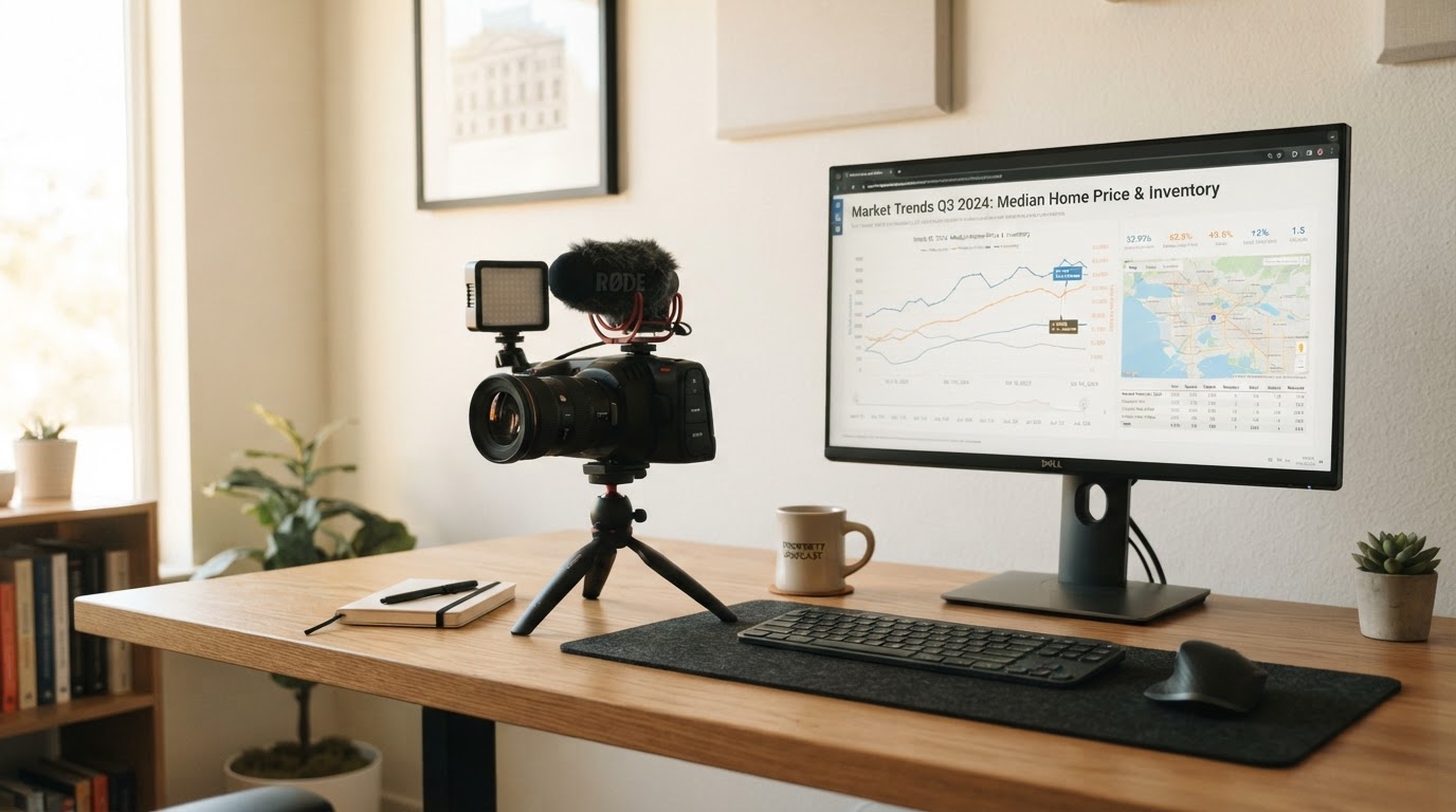 A camera and microphone setup beside a monitor with real estate charts
