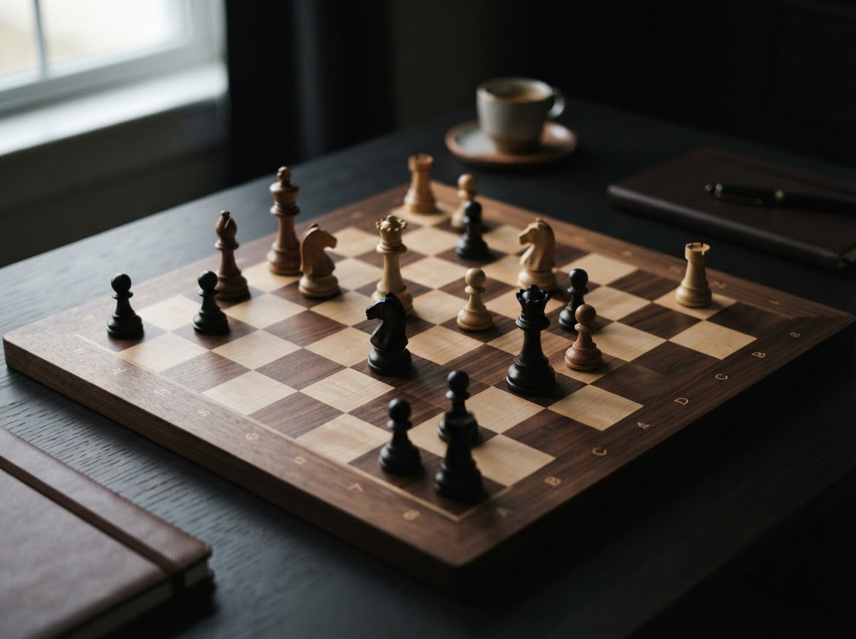 A chess board mid-game with key pieces, symbolizing deliberate capital allocation