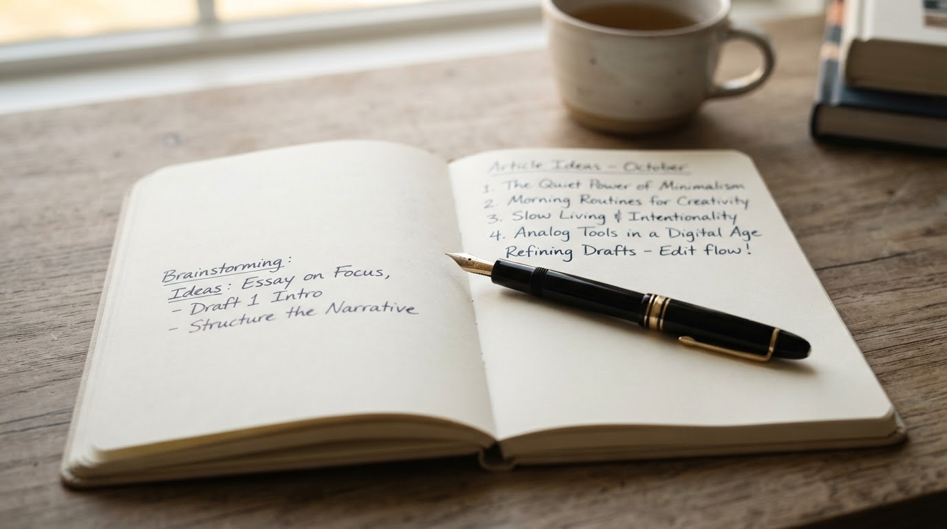 A fountain pen resting on an open notebook with handwritten notes