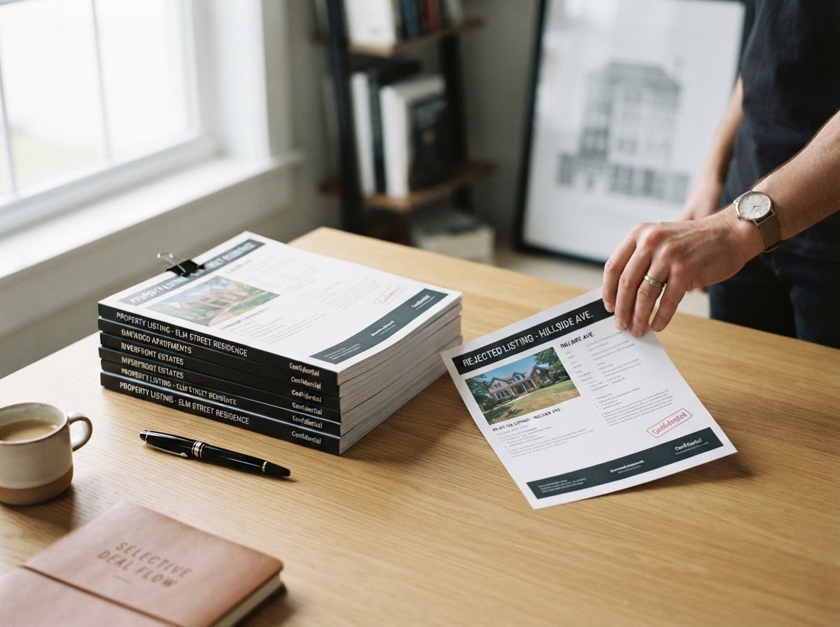 Property listing documents with one set aside, symbolizing selective deal flow