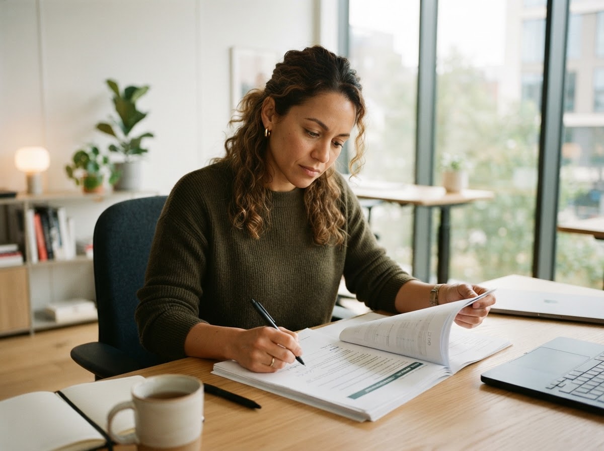 A person making an independent, thoughtful decision at a desk