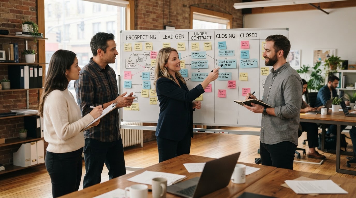 A small real-estate operating team reviews a process whiteboard in warm natural light