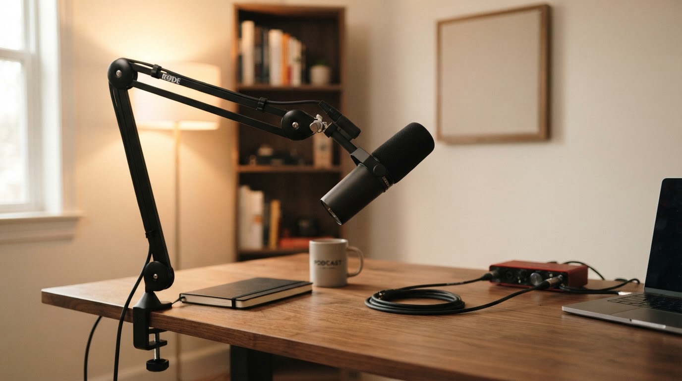 A professional podcast microphone in a quiet room