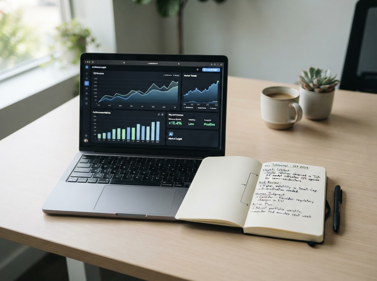 A laptop with financial charts beside a handwritten analysis notebook, combining tools with judgment