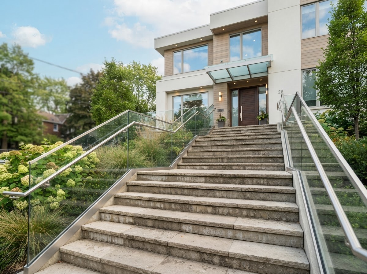 Ascending stone steps leading toward a modern building