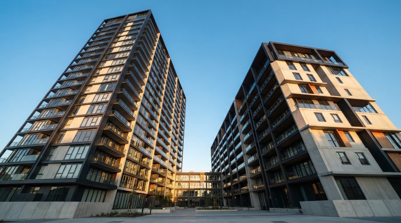 Two modern apartment buildings viewed from below against a clear sky