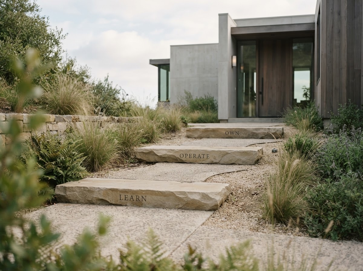 Three ascending stone steps leading toward a building, symbolizing the Learn-Operate-Own progression