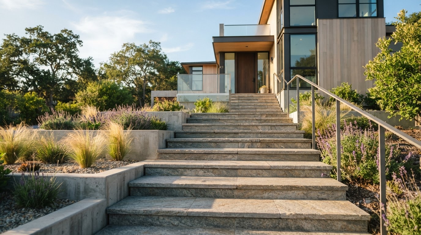Stone steps ascending toward a modern building