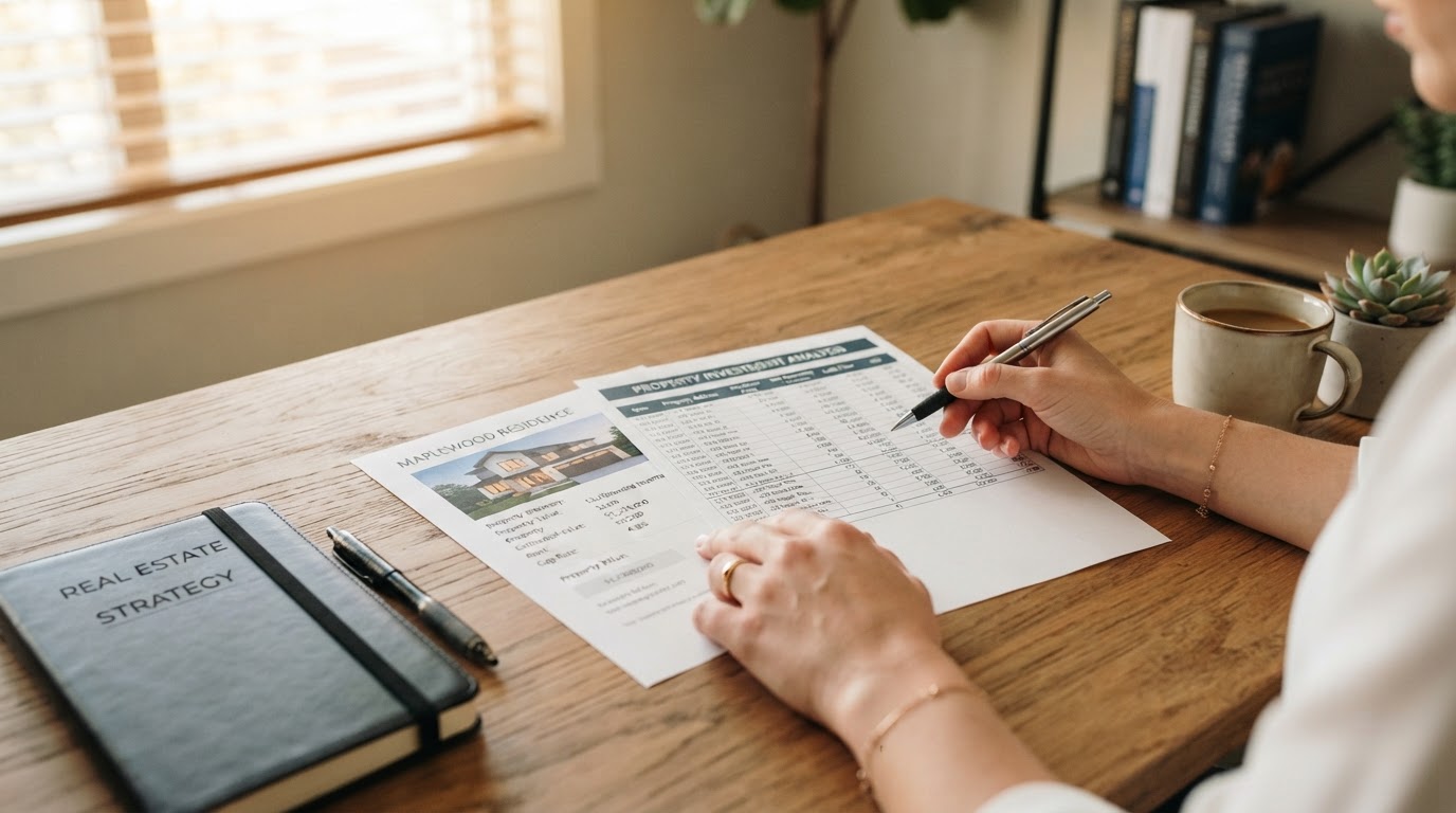 Hands reviewing a financial spreadsheet and property documents on a wooden desk