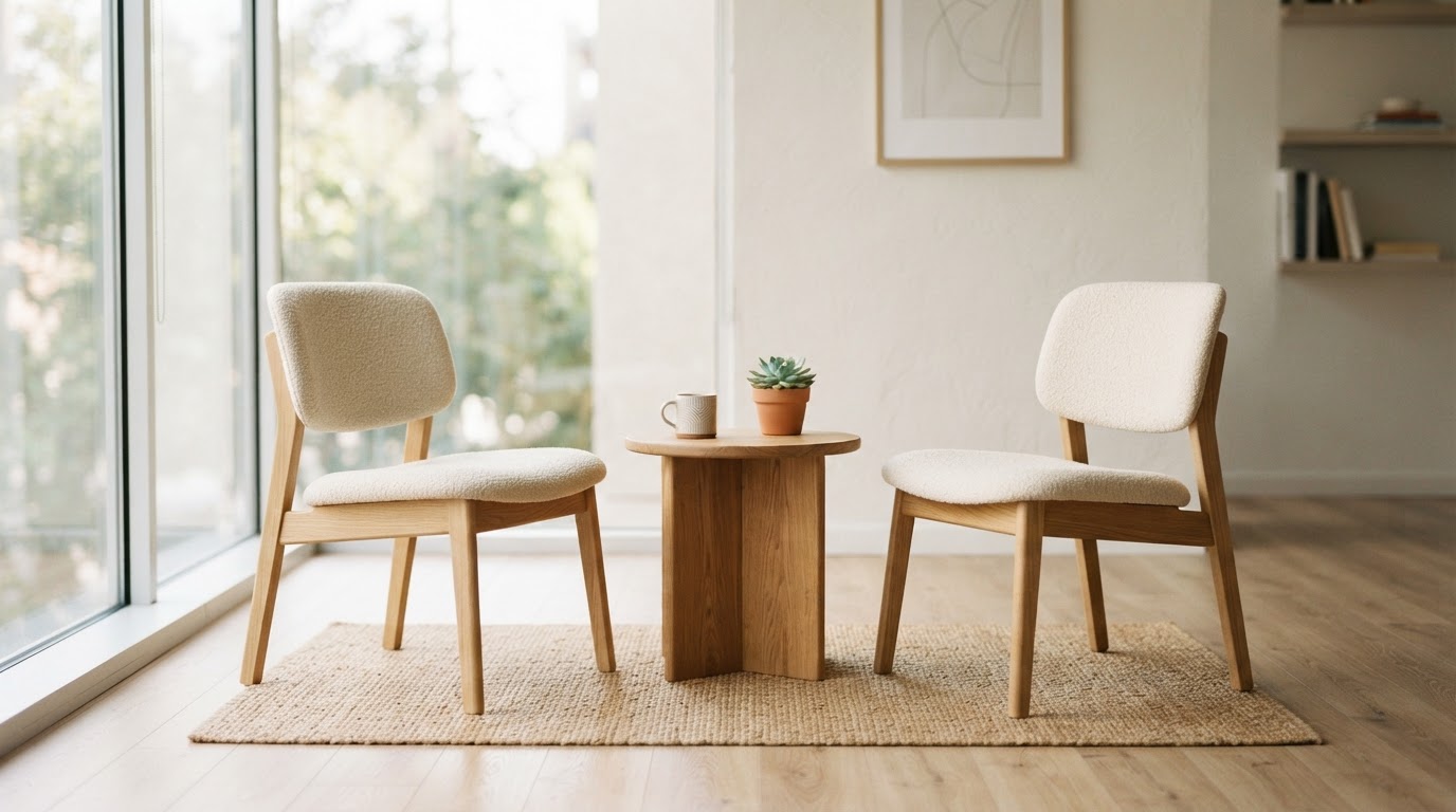 Two chairs facing each other across a small table in a bright room