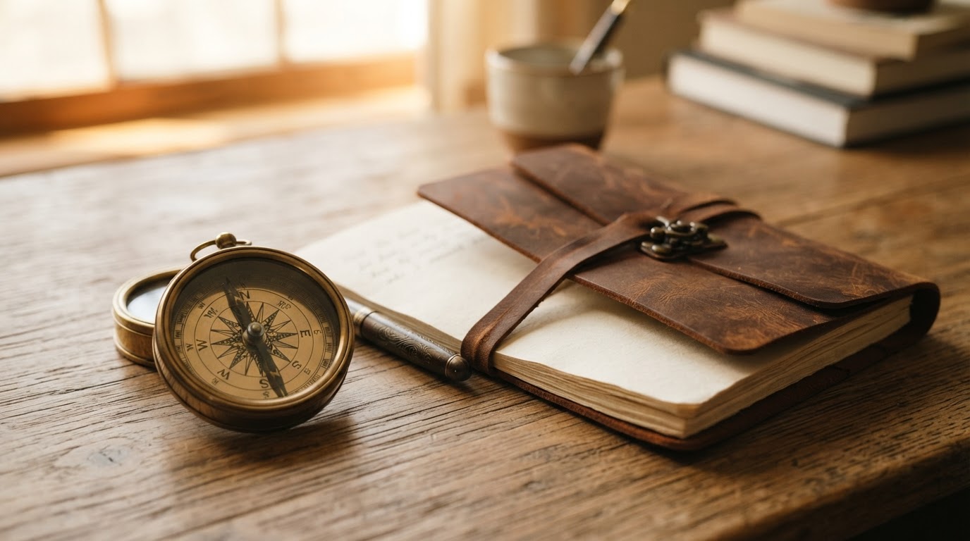 A compass and leather-bound journal on a wooden desk