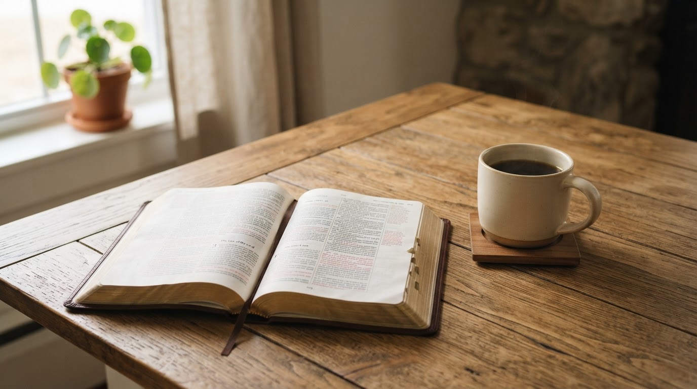 An open Bible beside a coffee cup on a wooden table in soft morning light