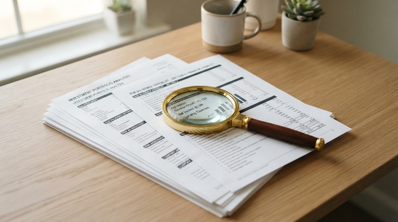 A magnifying glass resting on a stack of financial documents